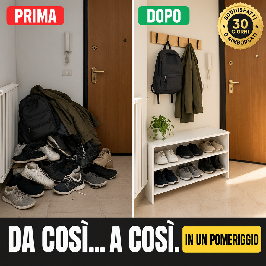 Da così a così in un pomeriggio: le scarpe ammucchiate all'ingresso e la stessa entrata con la panca scarpiera