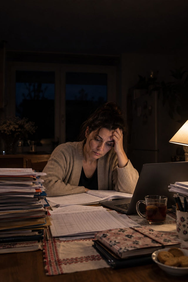 Profesoară obosită noaptea, cu teancuri de hârtii