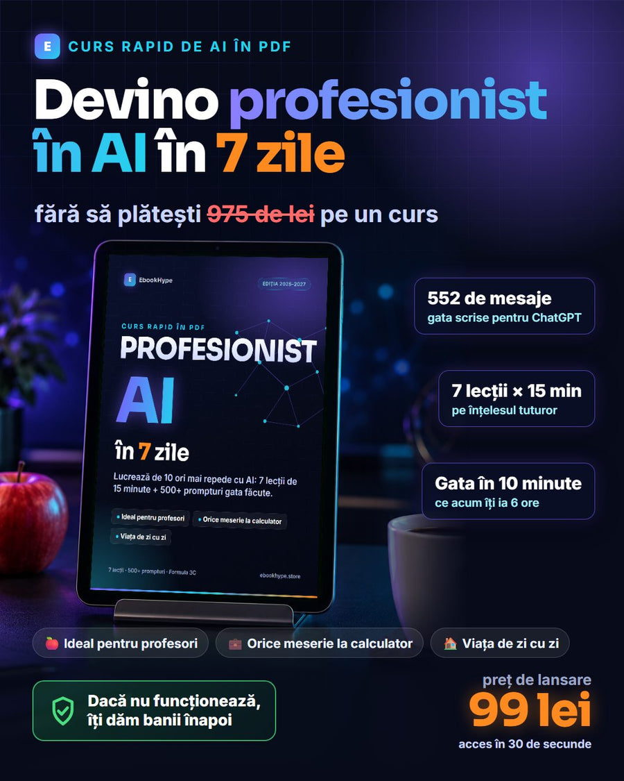 Profesionist AI în 7 Zile: curs în PDF și 552 de mesaje gata scrise pentru ChatGPT